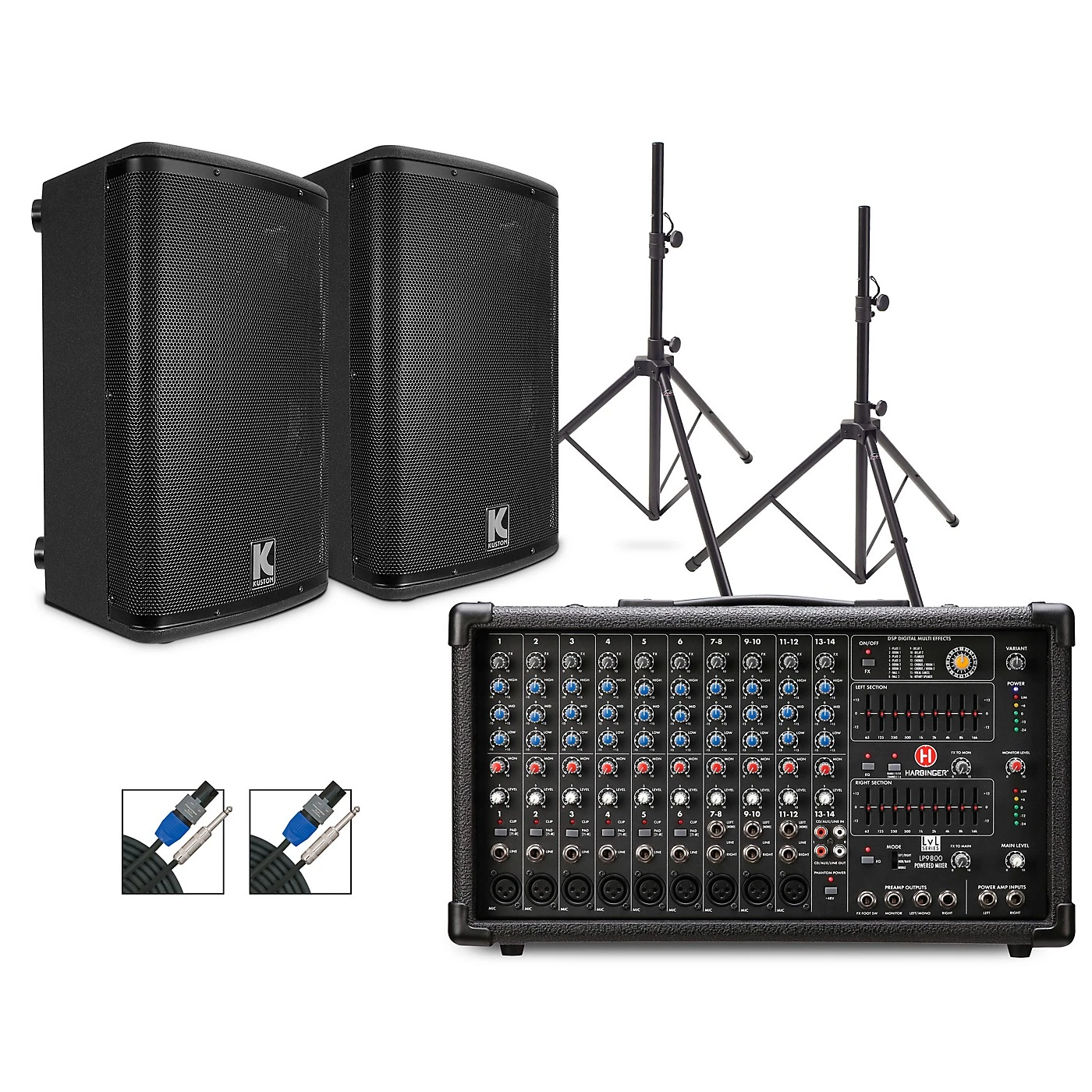 Outlet ???? Harbinger Harbinger LP9800 Powered Mixer Package With Kustom KPX10 Passive Speakers, Stands And Cables ???? 3 Outlet ???? Harbinger Harbinger LP9800 Powered Mixer Package With Kustom KPX10 Passive Speakers, Stands And Cables ????
