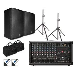 Wholesale ???? Harbinger Harbinger LP9800 Powered Mixer Package With Kustom KPX Passive Speakers, Stands, Cables And Tote Bags 15" Mains ⭐