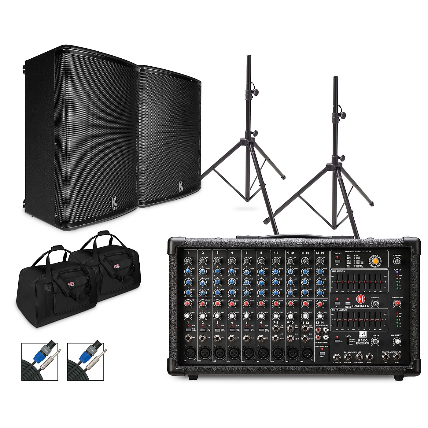 Wholesale ???? Harbinger Harbinger LP9800 Powered Mixer Package With Kustom KPX Passive Speakers, Stands, Cables And Tote Bags 15" Mains ⭐ 3 Wholesale ???? Harbinger Harbinger LP9800 Powered Mixer Package With Kustom KPX Passive Speakers, Stands, Cables And Tote Bags 15" Mains ⭐