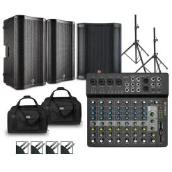 Buy ???? Harbinger Harbinger LV12 Mixer Package With VARI V4100 Powered Speakers, VARI2318S Subwoofer, Stands, Cables, And Tote Bags 15" Mains ????